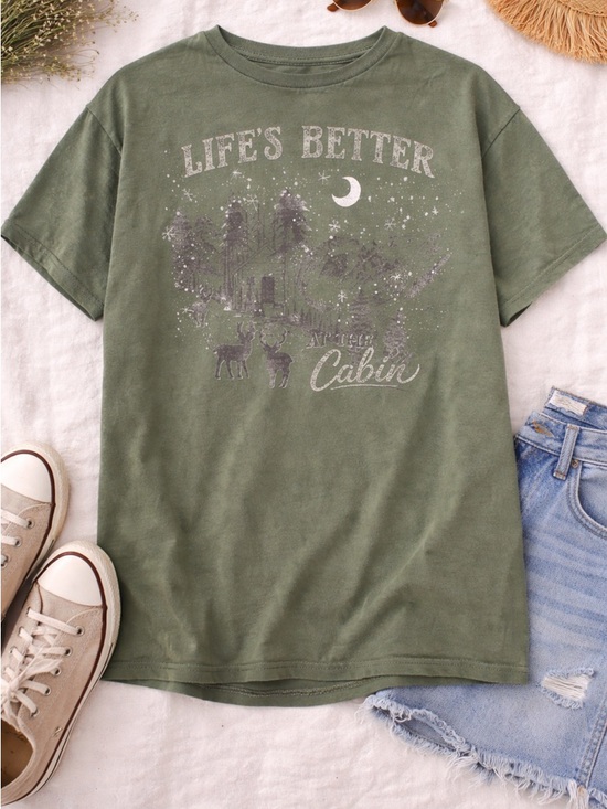 Gildan Tops - Green Cabin Life Cotton Graphic Tee XL | Outdoors Nature Forest Vintage Style